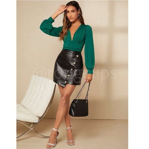 Green Elegant V neck Bodysuit Long Bishop Sleeves Stretchy Ruched Waist - Picture 4 of 8